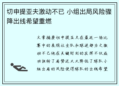 切申提亚夫激动不已 小组出局风险骤降出线希望重燃