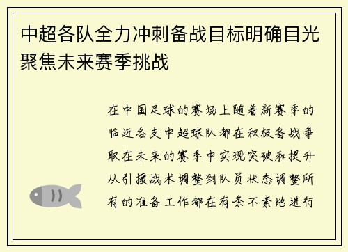 中超各队全力冲刺备战目标明确目光聚焦未来赛季挑战