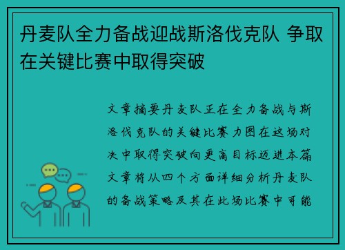 丹麦队全力备战迎战斯洛伐克队 争取在关键比赛中取得突破