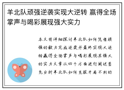 羊北队顽强逆袭实现大逆转 赢得全场掌声与喝彩展现强大实力