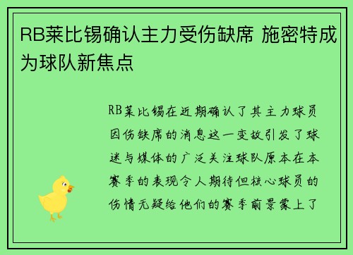 RB莱比锡确认主力受伤缺席 施密特成为球队新焦点