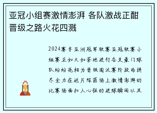 亚冠小组赛激情澎湃 各队激战正酣 晋级之路火花四溅