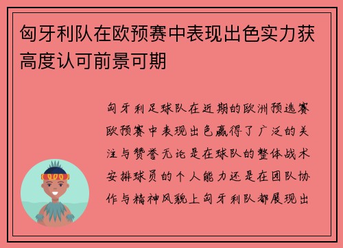 匈牙利队在欧预赛中表现出色实力获高度认可前景可期